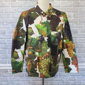 Flan Labs Printed Denim Jacket Men M Green Grapes Button Up NEW Art to Wear $495